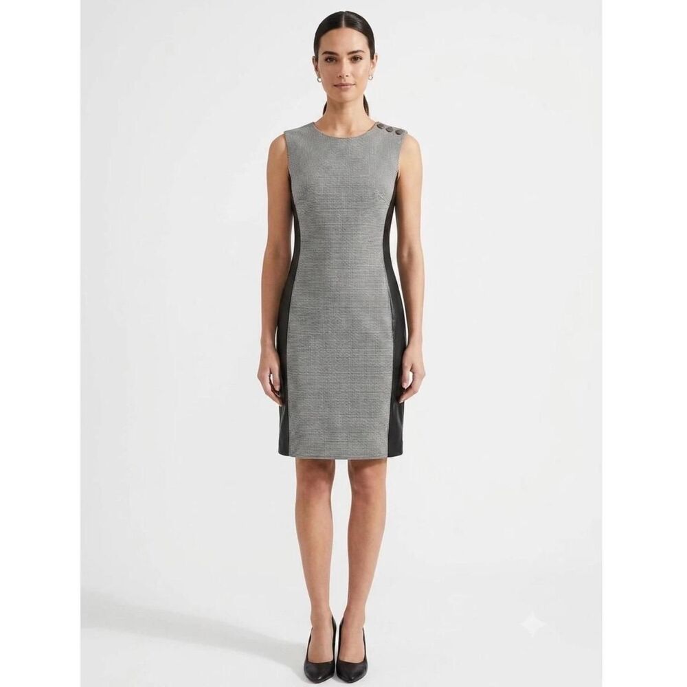 White House Black Market Houndstooth Faux Leather Trim Sheath Dress Size 12